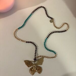 Gold Butterfly Pendant Beaded Necklace in Turquoise, Brown, and Champagne